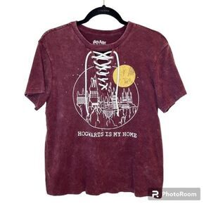 Harry Potter Hogwarts Is My Home Maroon Lace Up Short Sleeve Tee Size Small